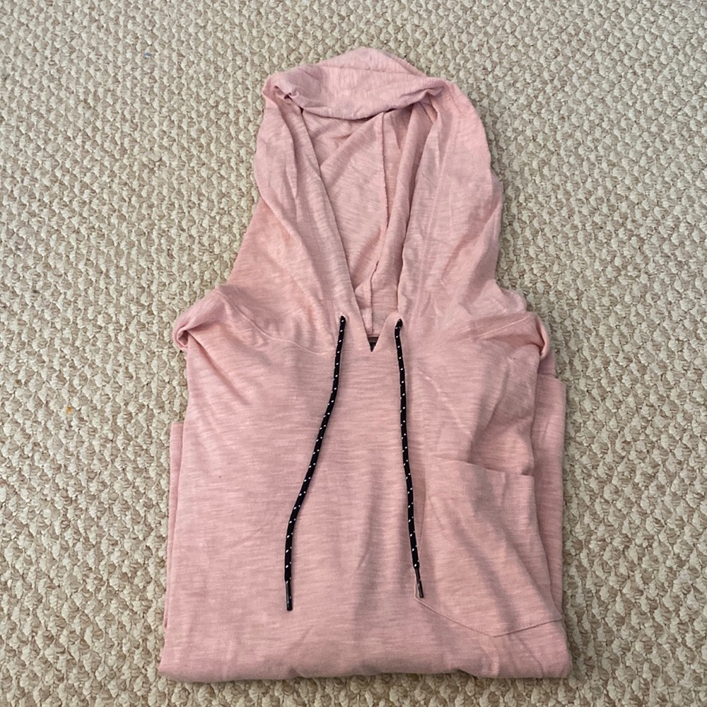 PINK brand size S thin hoodie with black and white stripes on sleeves.